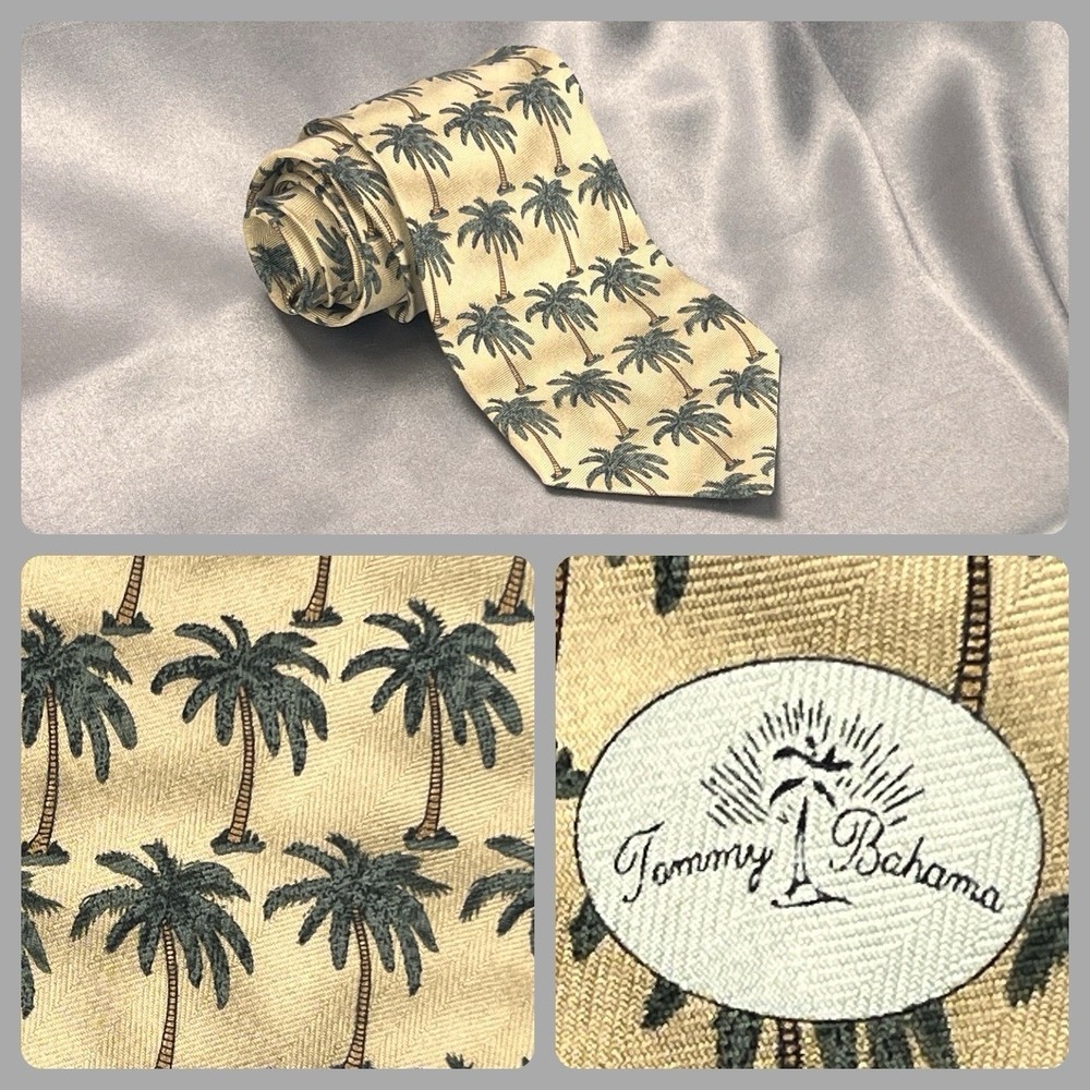 VTG Tommy Bahama Tie Mens 56" x 4" Gold Island Palm Trees 100% Silk Beach Summer